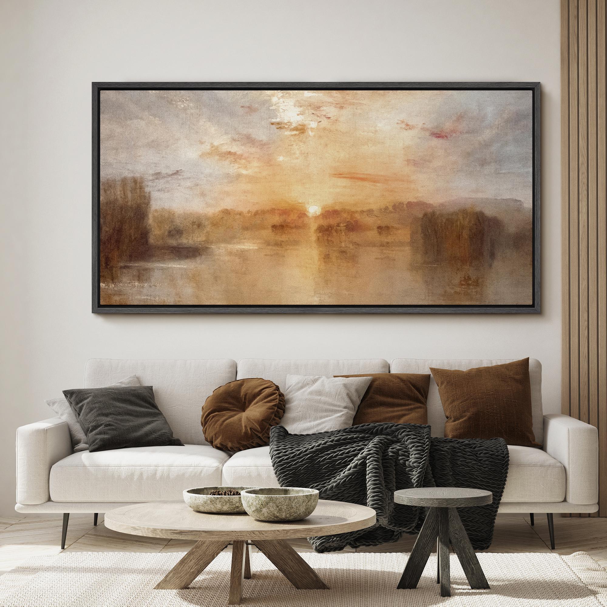 Sunset River Wall Art - Framed Golden Landscape Canvas Print, Warm ...