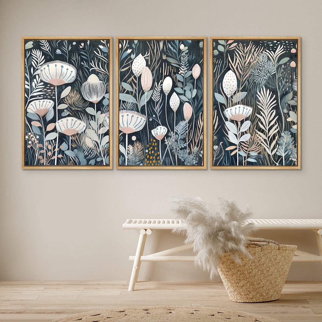 Framed Canvas Wall Art Set of 3 Botanical Flower Prints Abstract ...
