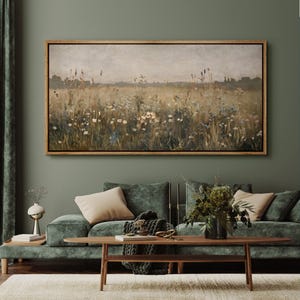 Large Framed Canvas Vintage Wildflower Wall Art, Abstract Botanical Field Landscape Print, Rustic Pastoral Nature Living Room Decor