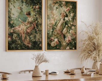 Vintage Rococo Couple Framed Wall Art Set of 2, Romantic Garden Canvas Prints, Cottagecor Nature Decor for Bedroom