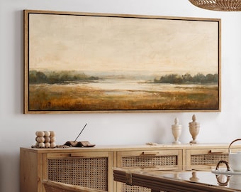 Large Framed Neutral Landscape Wall Art, Warm Earth Tone Marsh Field Scene Canvas Print, Rustic Modern Farmhouse Decor