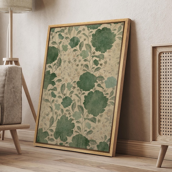 Framed Canvas Wall Art Vintage Green Botanical Floral Art Print Poster Abstract Flower Mid Century Modern Wall Art Living Room Decor