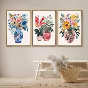 DustinWay Framed Canvas Print Wall Art Set Flowers in Vases Floral Botanical Modern Art Boho Wall Decor