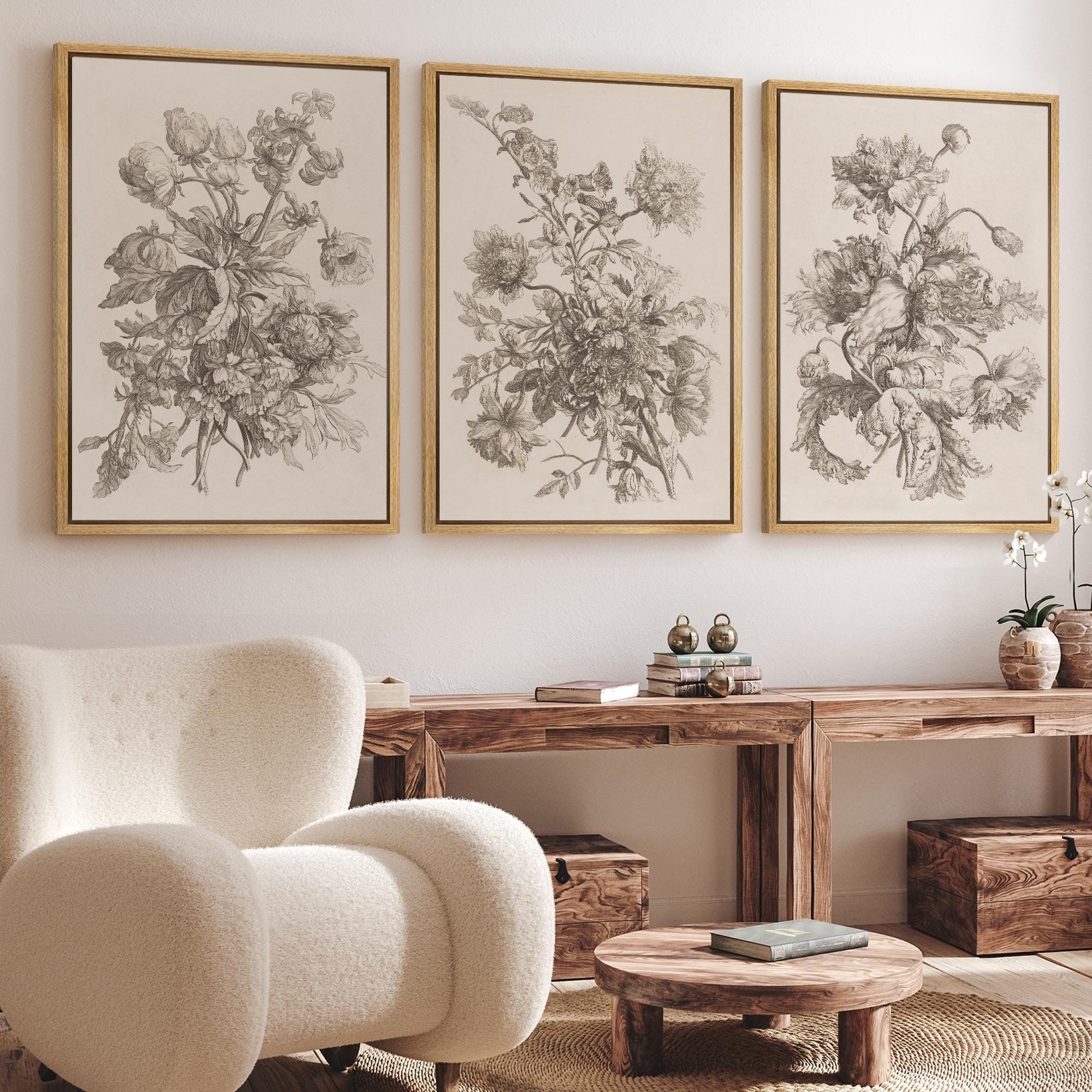 Framed Vintage Floral Wall Art Set of 3, Botanical Sketch Canvas Prints ...