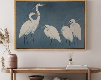 Elegant White Herons Wall Art - Framed Minimalist Canvas Print, Japanese Style Coastal Bird on Deep Blue, Modern Coastal Living Room Decor