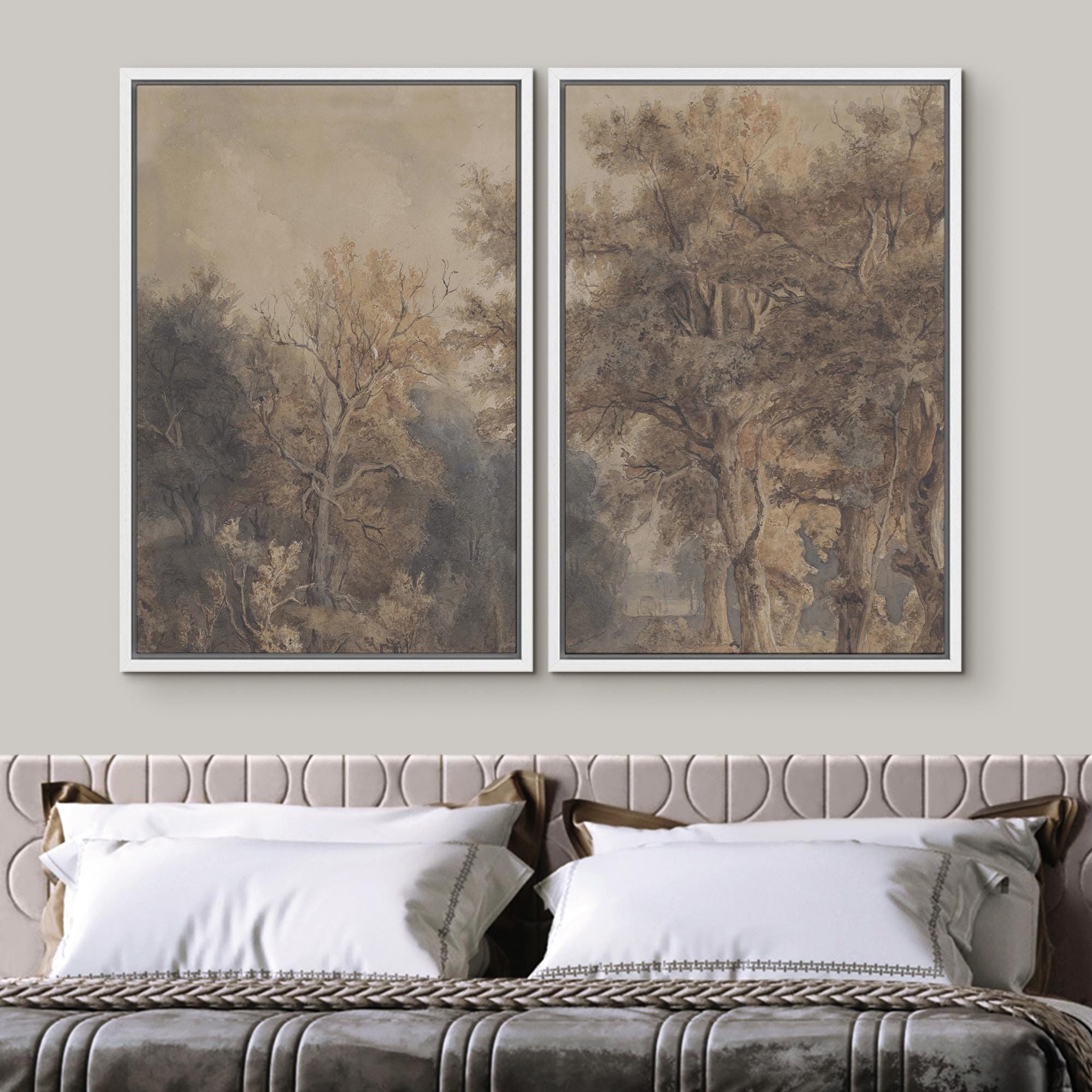 Vintage Forest Wall Art Set of 3 - Framed Landscape Canvas Prints