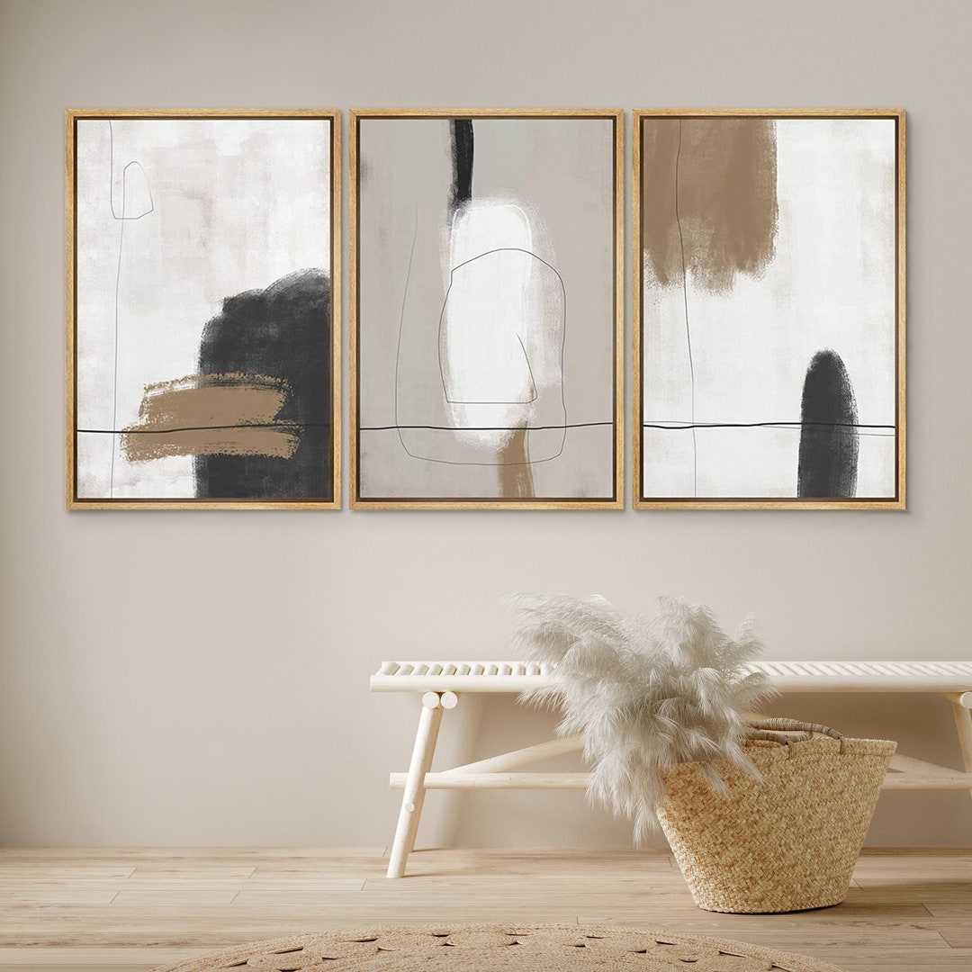 Dustinway Framed Canvas Print Wall Art Set Brown White Paint Strokes ...