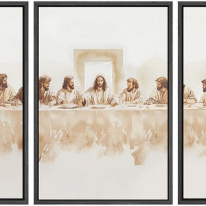 May include: A painting depicting the Last Supper, a scene from the Christian Bible. The painting shows Jesus Christ and his 12 disciples seated at a table, with a white background.