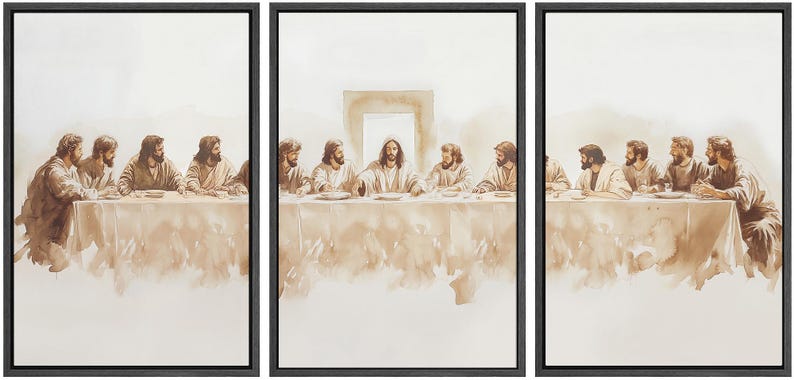 May include: A painting depicting the Last Supper, a scene from the Christian Bible. The painting shows Jesus Christ and his 12 disciples seated at a table, with a white background.