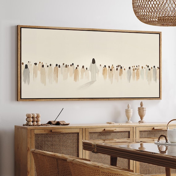 Large Framed Canvas Jesus and the Crowd Watercolor Wall Art Christian Minimalist Beige Abstract Prints Bible Oil Painting Church Wall Decor