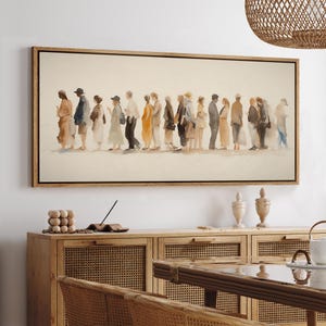 May include: Watercolor painting of a line of people in various outfits, framed in a light wood. The artwork features a neutral color palette with soft, blended brushstrokes. The figures are depicted in silhouette, suggesting a sense of anonymity.