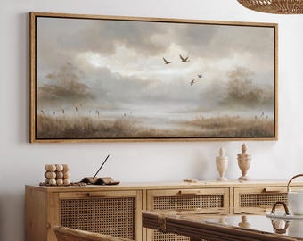 Large Flying Birds over Misty Marsh Framed Wall Art, Neutral Foggy Landscape Canvas Print, Modern Nature Decor for Living Room