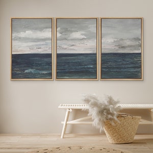 DustinWay Framed Canvas Print Wall Art Cloudy Sky Beach Ocean Landscape Minimalist Vintage Art Modern Farmhouse Wall Decor