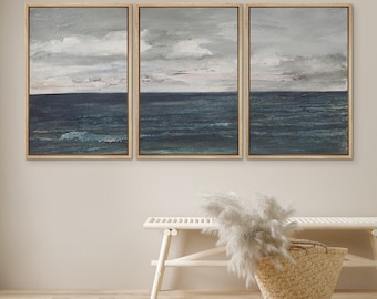DustinWay Framed Canvas Print Wall Art Cloudy Sky Beach Ocean Landscape Minimalist Vintage Art Modern Farmhouse Wall Decor