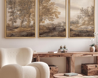 Framed Rustic Landscape Canvas Set of 3, Vintage Sepia Pastoral Countryside Wall Art, Nature Forest Decor for Farmhouse or Living Room
