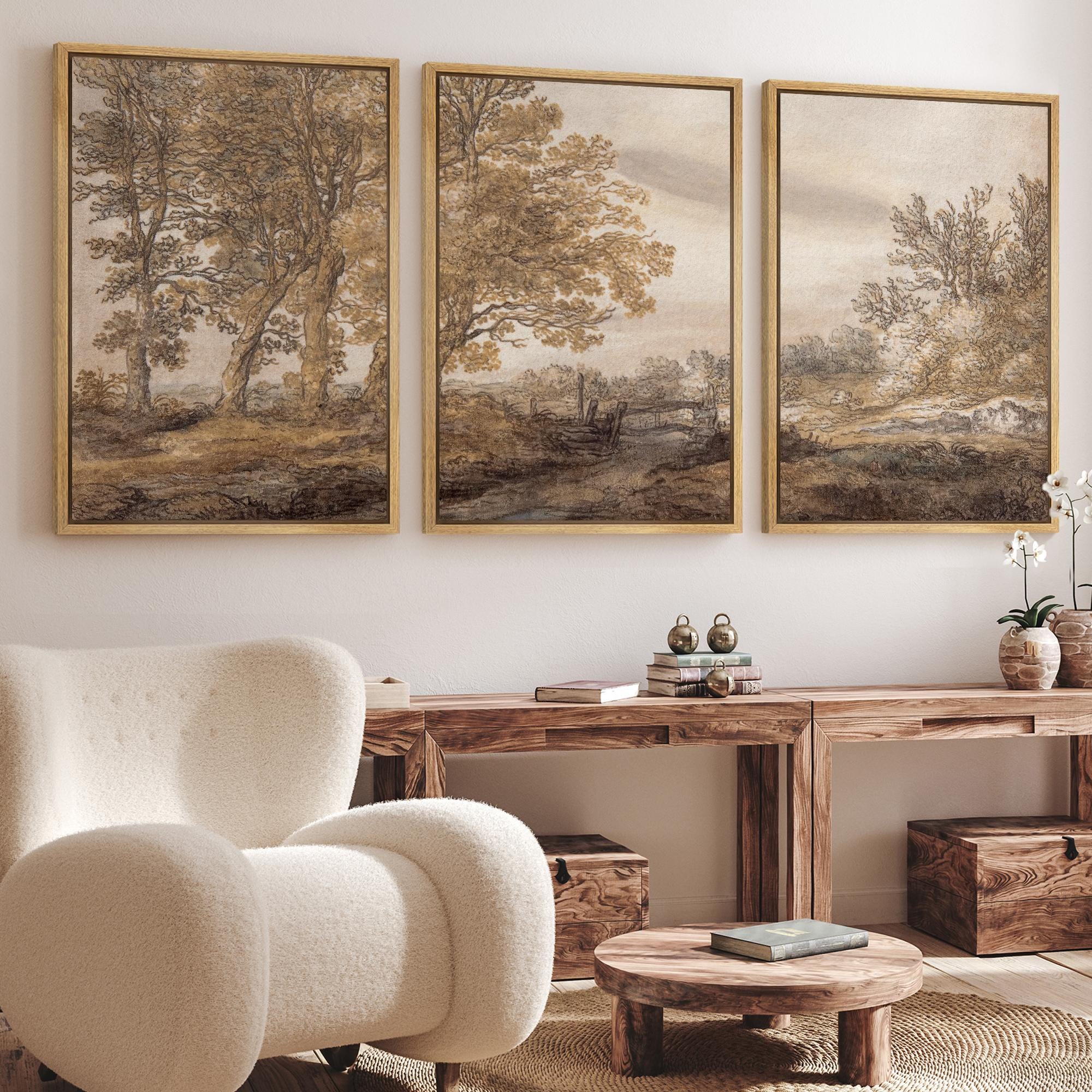 Framed Rustic Landscape Canvas Set of 3, Vintage Sepia Pastoral