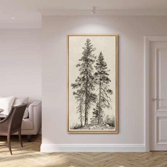 Vintage Pine Tree Wall Art - Large Framed Sketch Forest Canvas Prints, Minimalist Neutral Nature Illustration for Rustic Cabin Decor