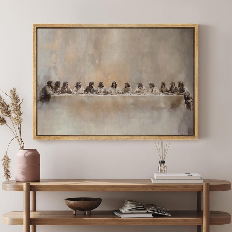 Framed Canvas Wall Art Print Vintage Last Supper Religious Painting Jesus Christ and Disciples Classic Biblical artwork Church Wall Decor