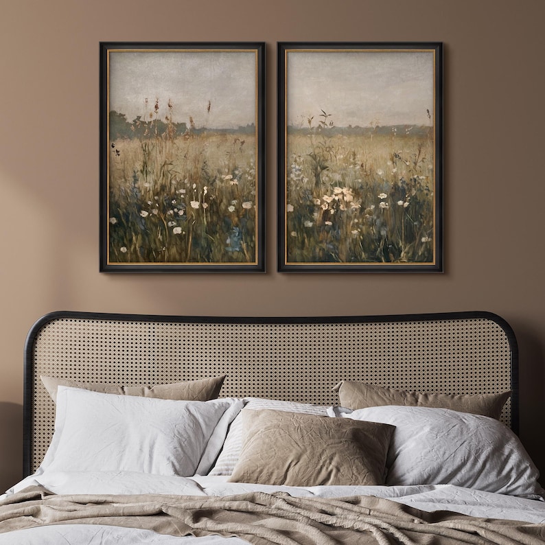 Framed Wildflower Field Wall Art Set of 2, Vintage Pastoral Landscape ...