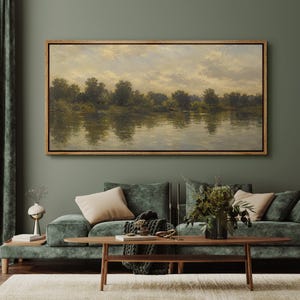 Woodland Lake Large Framed Wall Art, Vintage Green River Landscape Canvas Print, Rustic Tree Reflection Decor for Living Room