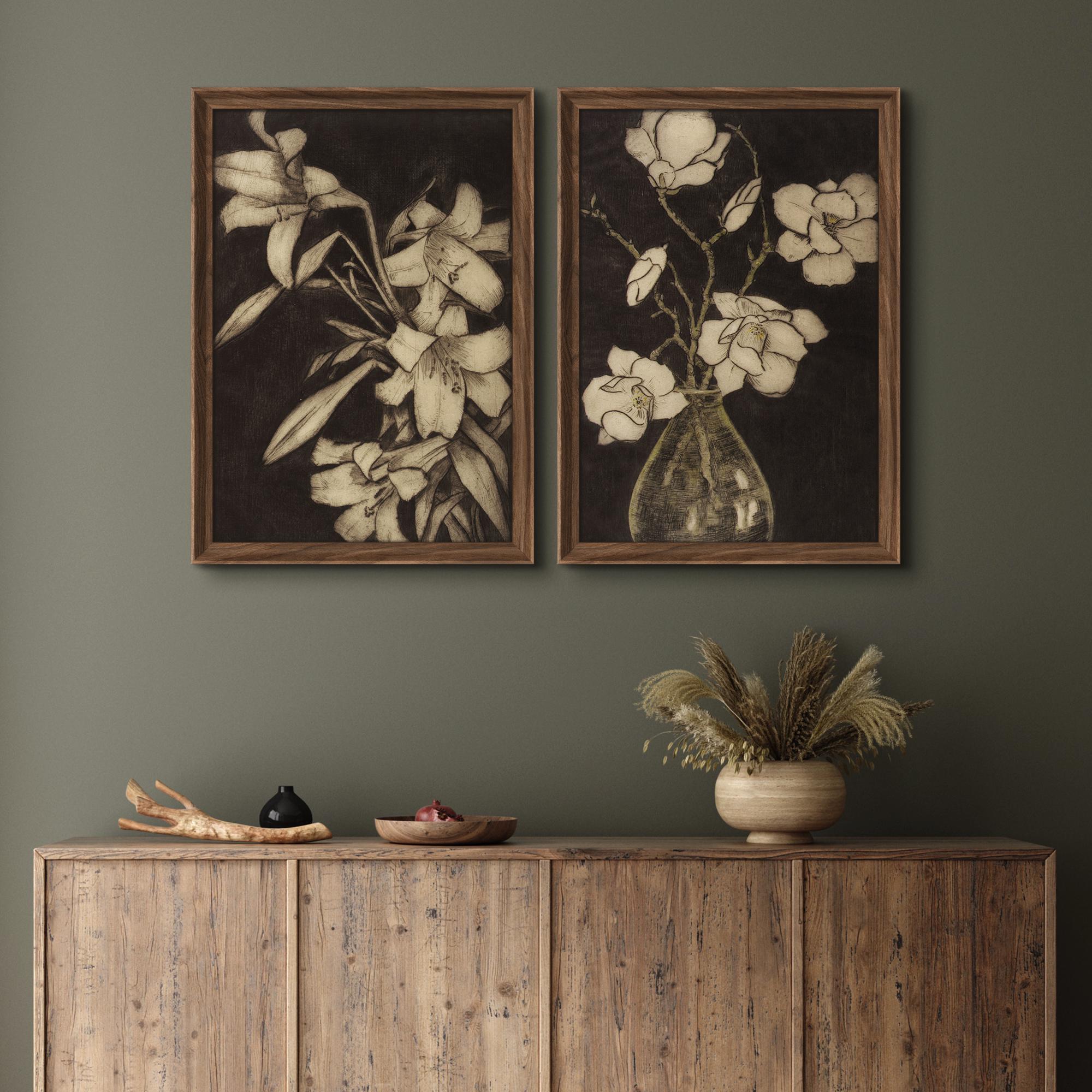 Framed Dark Floral Wall Art Set of 2, Vintage Botanical Flower Prints ...