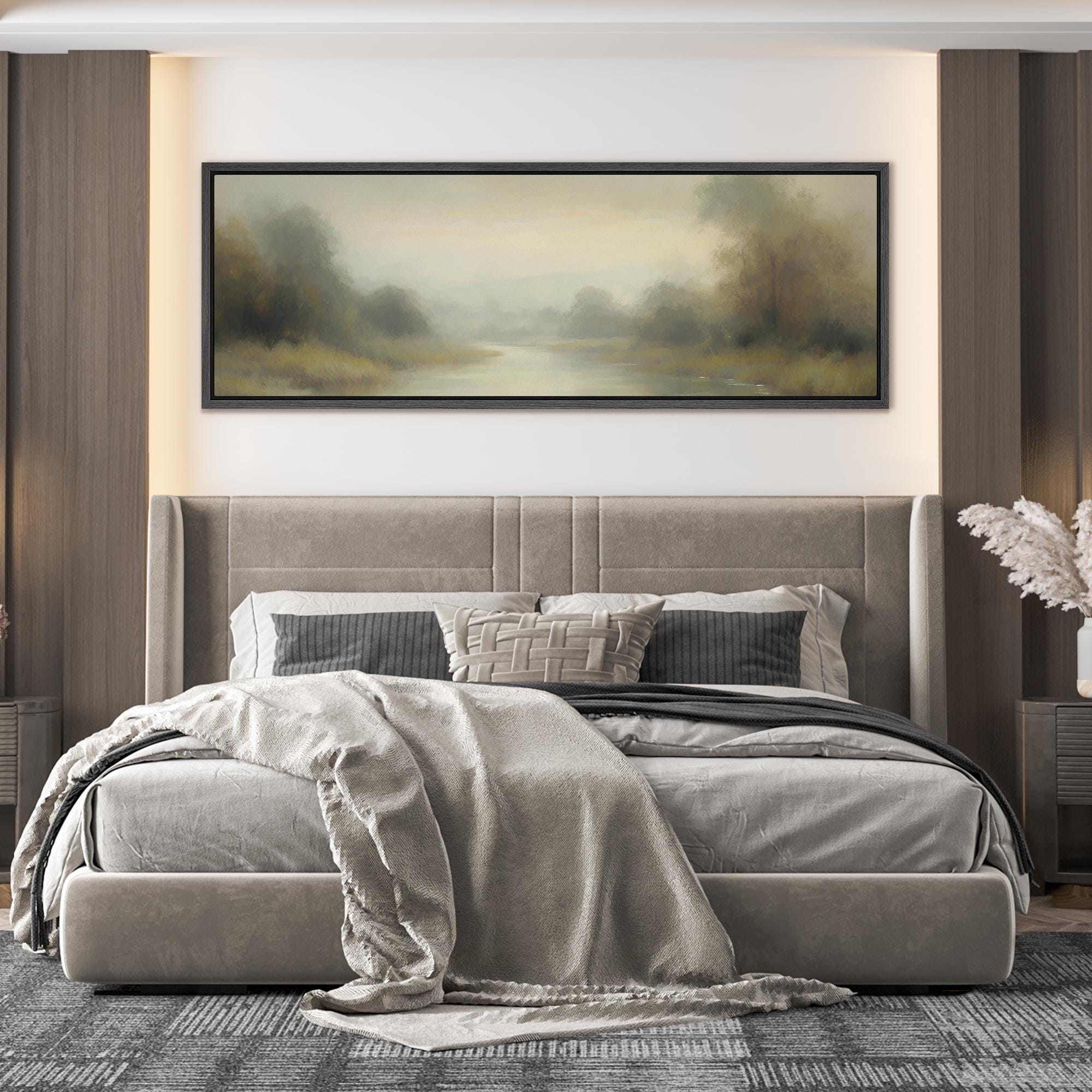 Misty River Wall Art - Large Framed Tranquil Landscape Canvas, Soft ...