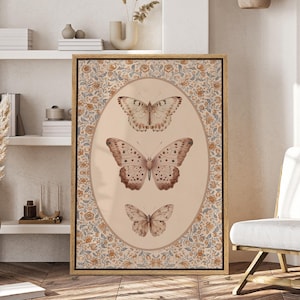 Framed Canvas Wall Art Vintage Butterfly and Floral Botanical Prints Antique Art Beige and Orange tones Boho Insect Artwork Bedroom Decor