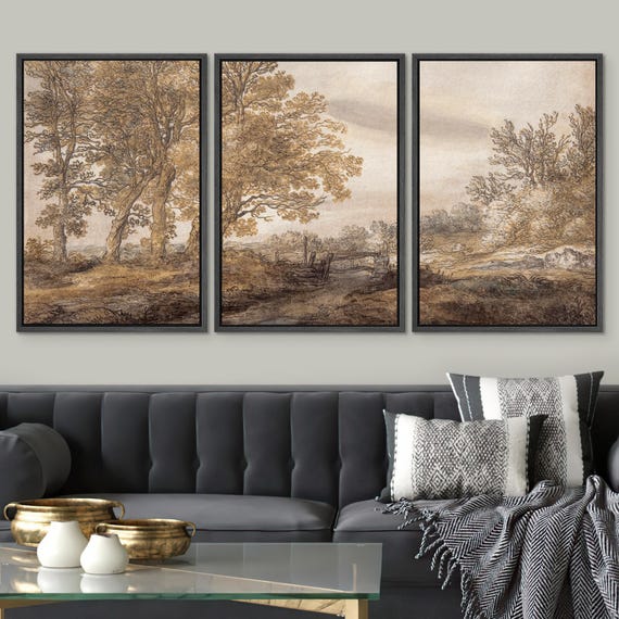 Framed Rustic Landscape Canvas Set of 3, Vintage Sepia Pastoral