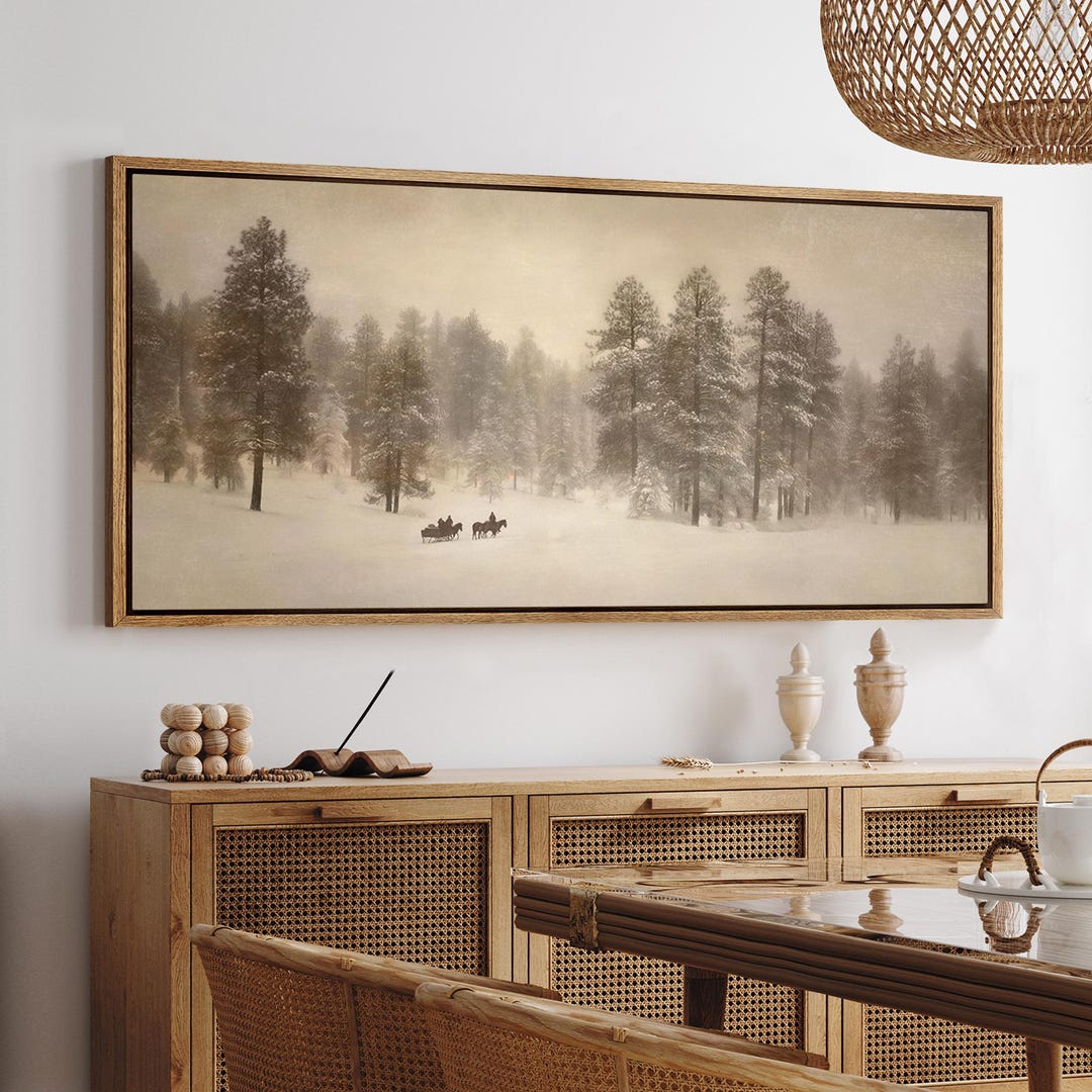 Vintage Winter Forest Landscape Wall Art, Large Framed Snowy Pine Trees ...