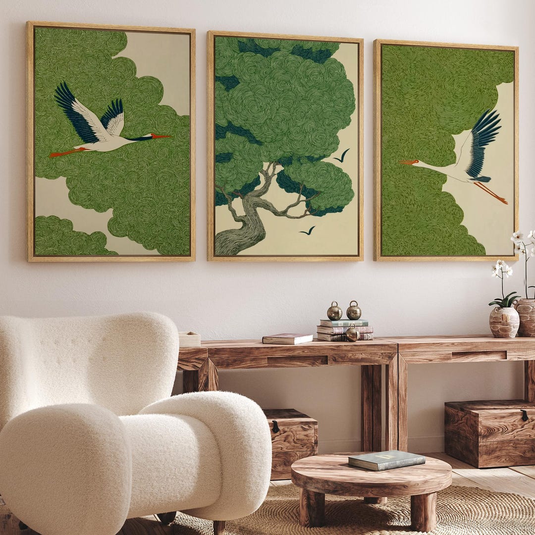Japandi Crane Wall Art Set of 3, Framed Asian Style Flying Bird