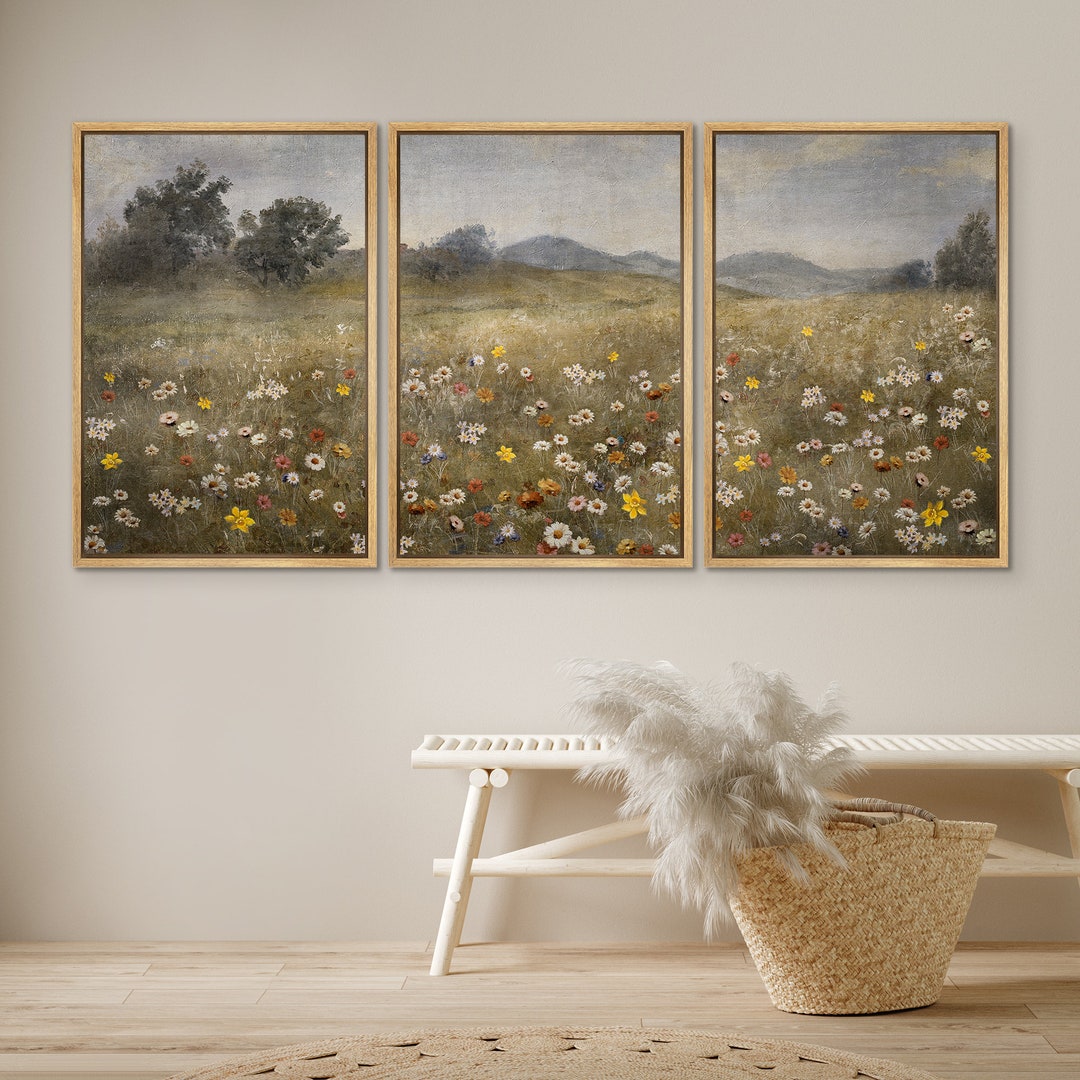 Framed Canvas Wall Art Prints Set of 3 Wildflower Field Landscape ...