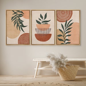 DustinWay Framed Canvas Print Wall Art Set of 3 Geometric Polygon Palm Leaf Abstract Nature Illustration Mid Century Modern Art Boho Decor