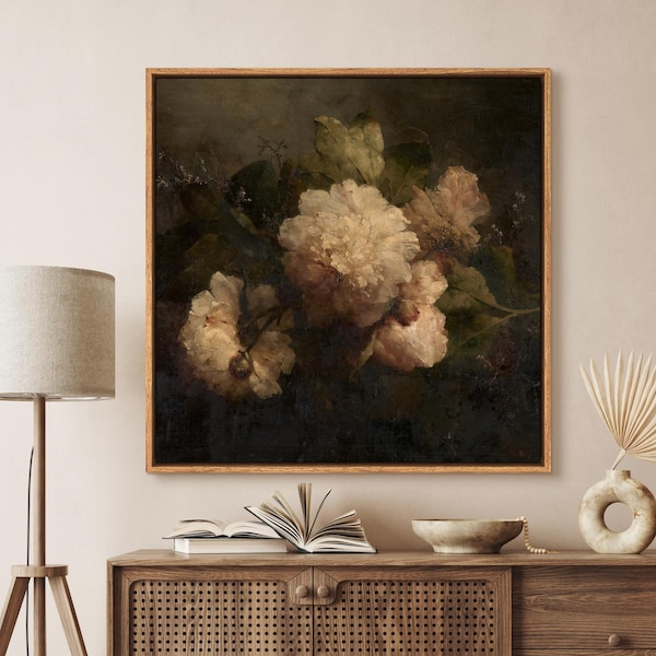 Framed Canvas Wall Art prints Dark Vintage Floral Still Life with Peonies Antique Floral Art Classic Botanical Decor for Bedroom Farmhouse