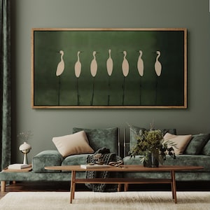 Minimalist Crane Wall Art - Large Framed Heron Canvas Print, Elegant White Birds on Deep Green, Modern Nature Decor for Living Room