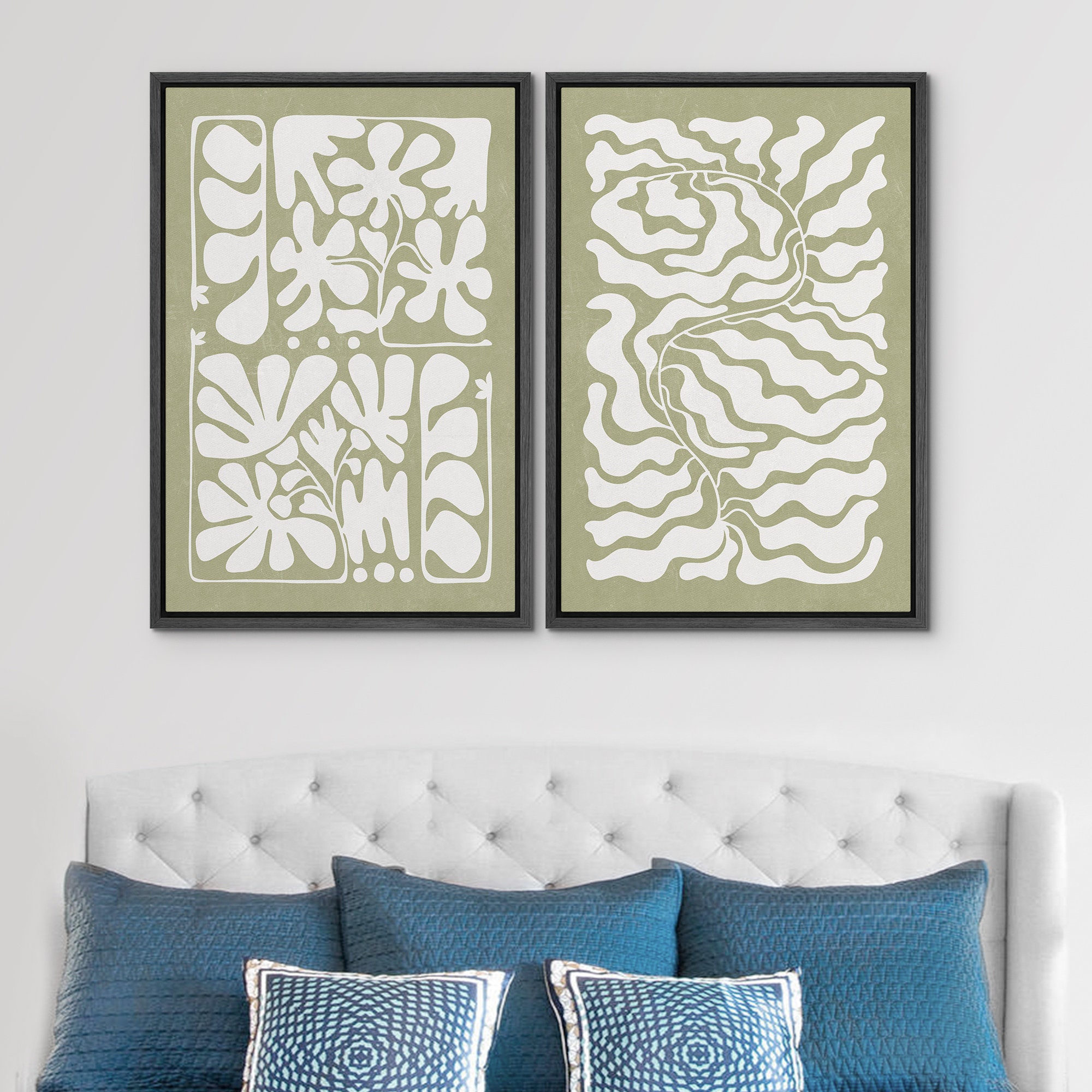 Dustinway Framed Canvas Print Wall Art Set Sage Green Abstract Floral ...