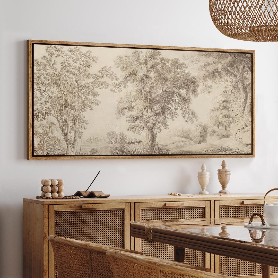 Vintage Forest Landscape Wall Art, Large Framed Sepia Wilderness Tree ...