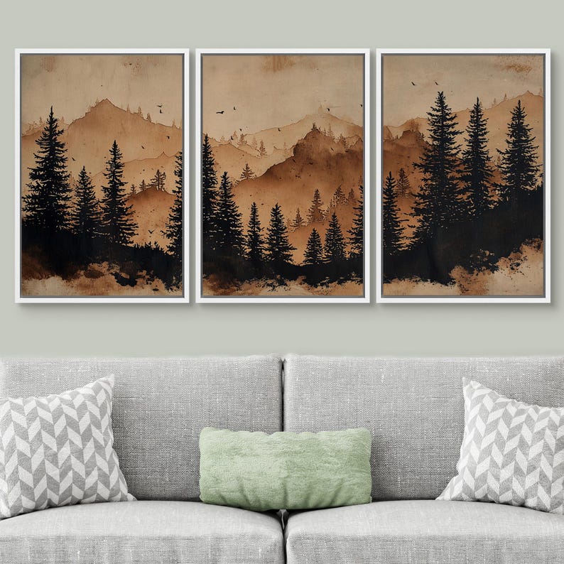 Mountain Forest Wall Art, Large Framed Rustic Landscape with Pine Tree Silhouettes, Vintage Cabin Decor for Lodge, Living Room or Office Set of 3 - White