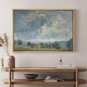 Framed Canvas Wall Art Prints White Cloudy Blue Sky Artwork Country Landscape Oil Painting Vintage Neutral Natural Art Farmhouse Wall Decor