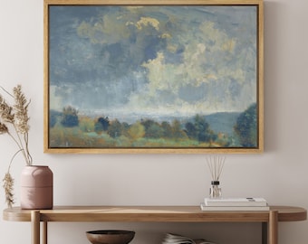 Framed Canvas Wall Art Prints White Cloudy Blue Sky Artwork Country Landscape Oil Painting Vintage Neutral Natural Art Farmhouse Wall Decor