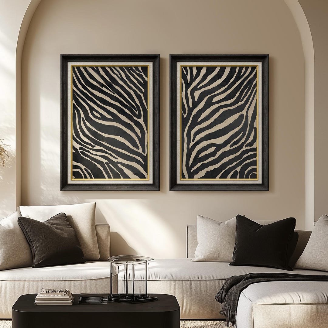 Framed Zebra Print Wall Art Set of 2, Black & Beige Animal Pattern ...