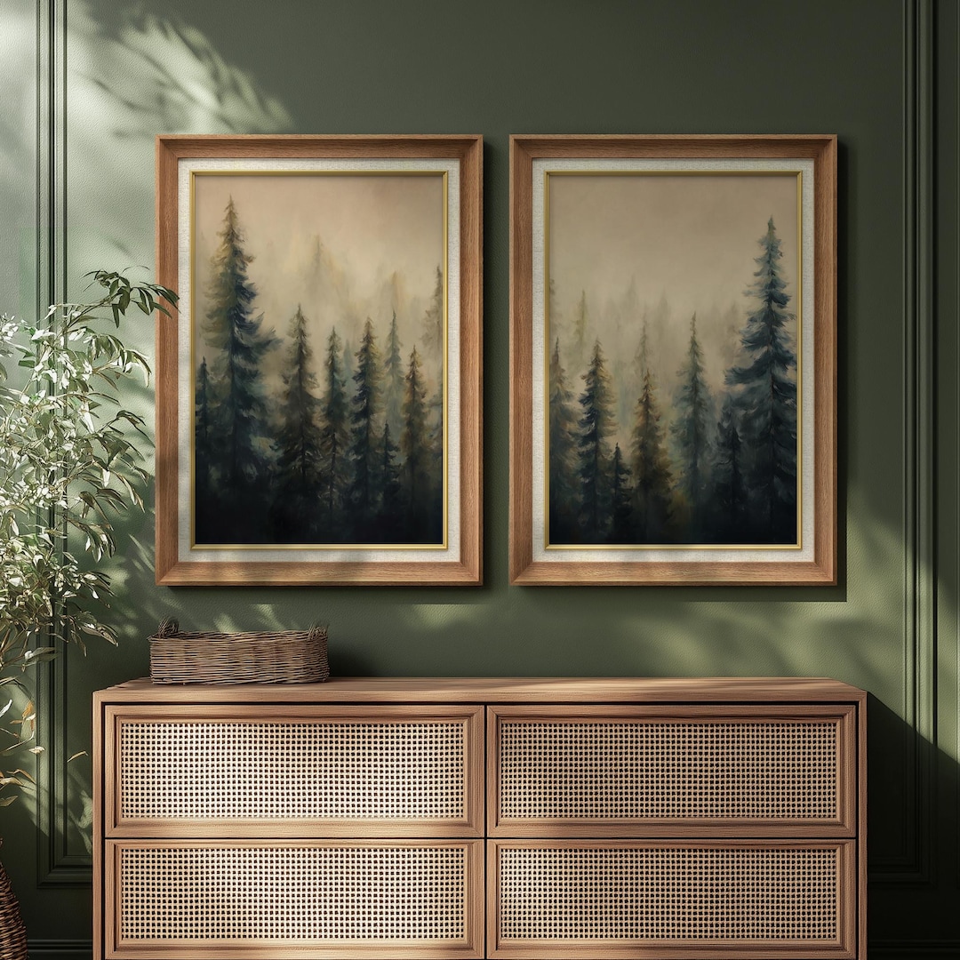 Framed Misty Forest Landscape Wall Art Prints Set of 2, Tranquil ...
