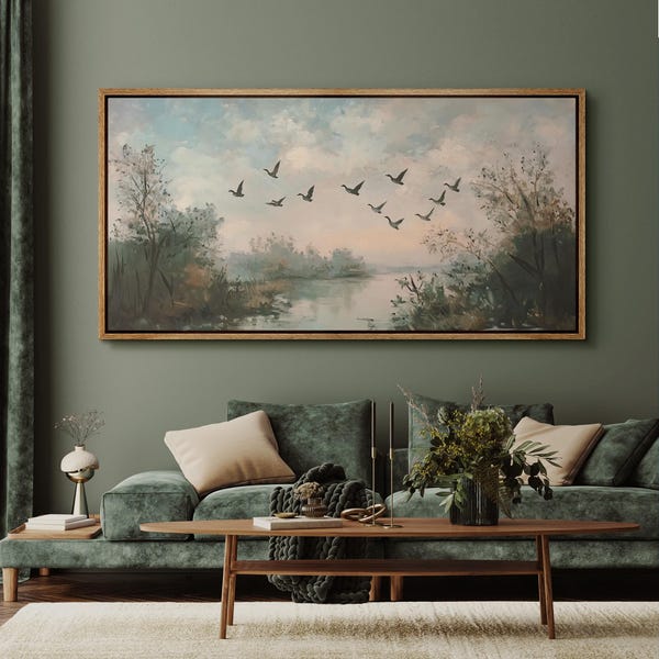 Large Wall Art Framed Canvas Geese Flock Flying over a tranquil river Prints Nature Wildlife Bird Painting Rustic Farmhouse Wall Decor