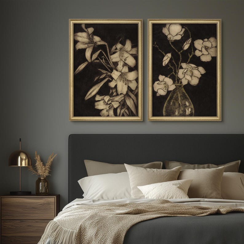 Framed Dark Floral Wall Art Set of 2, Vintage Botanical Flower Prints ...