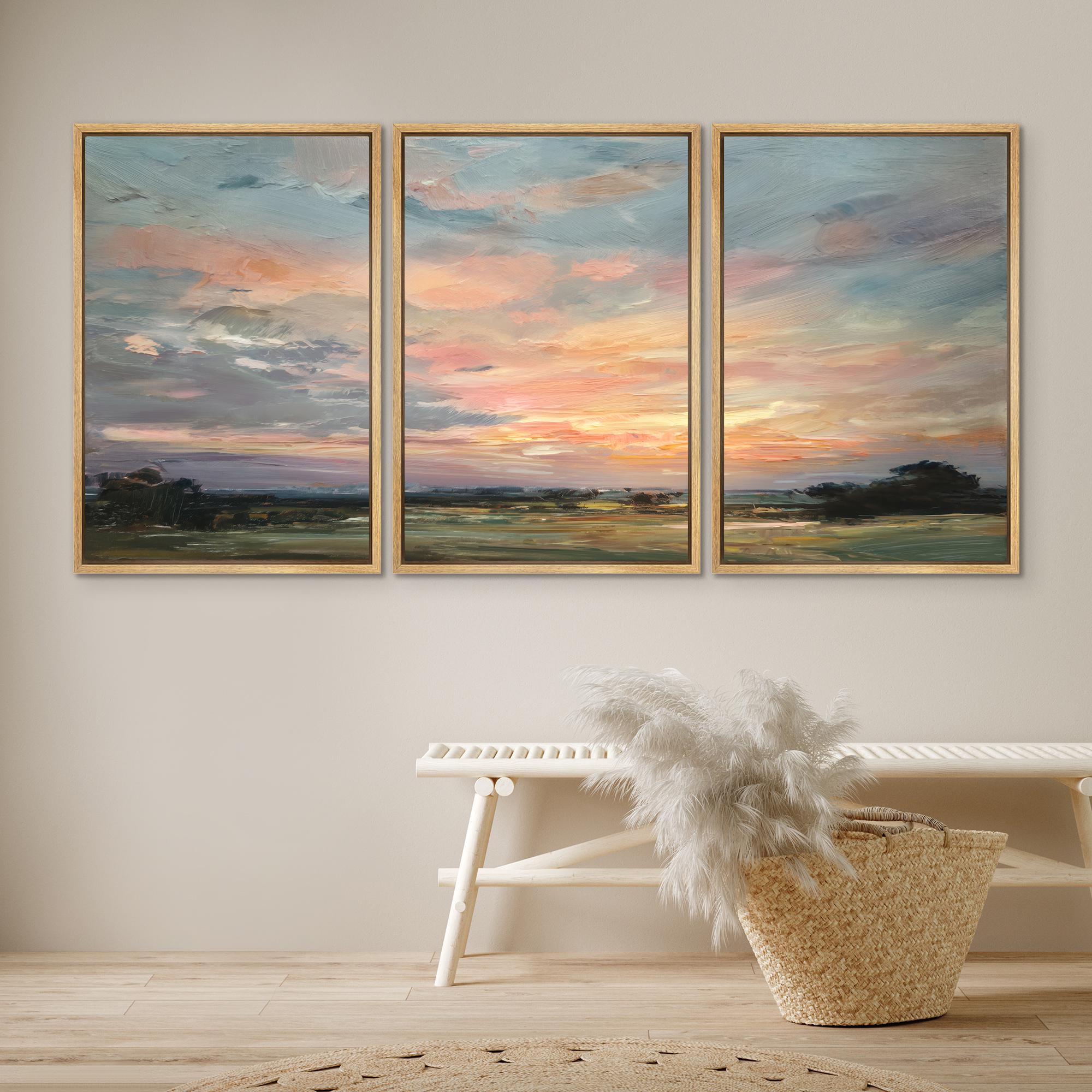 Large Framed Abstract Sunset Landscape Wall Art Set of 3, Soft Pastel ...