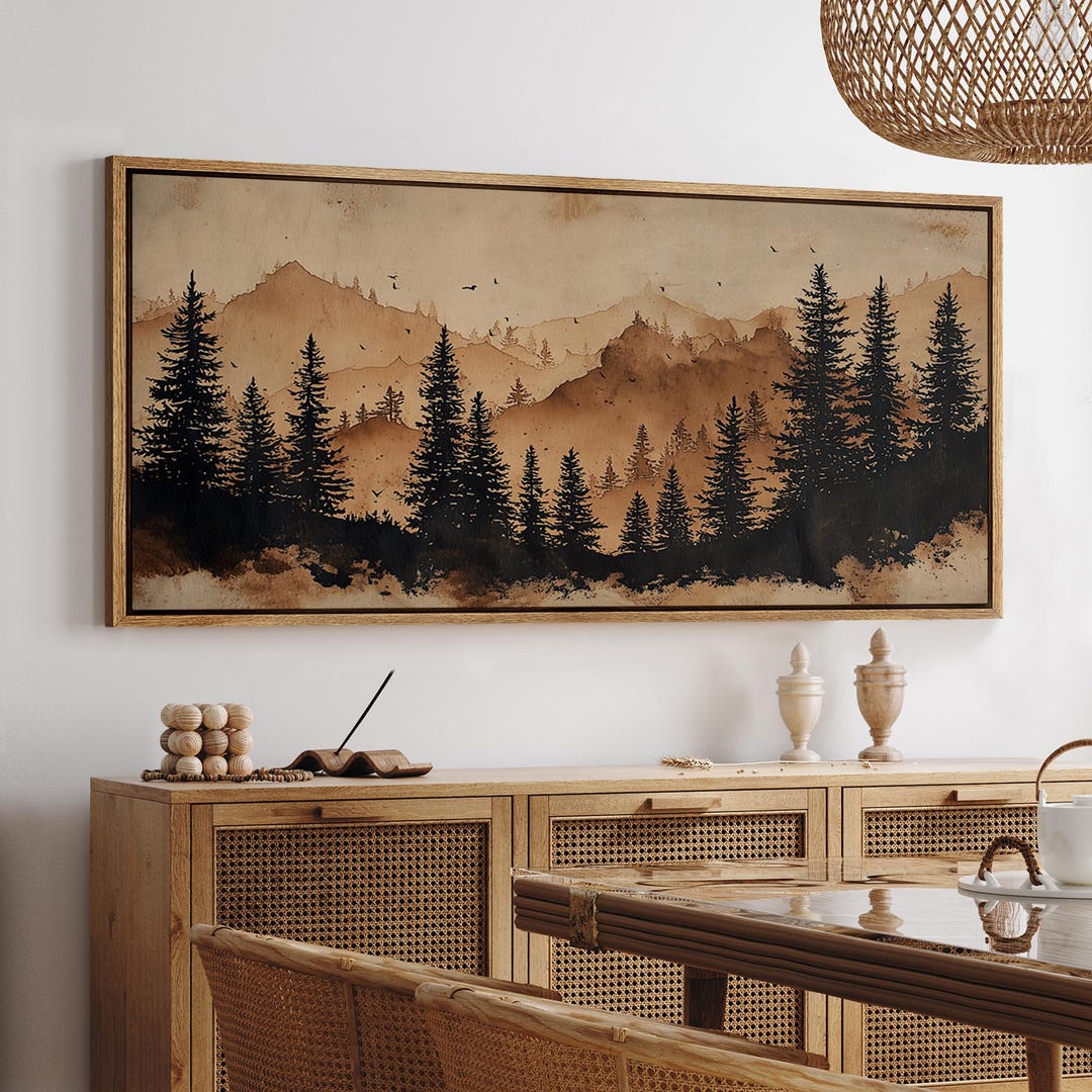 Mountain Forest Wall Art, Large Framed Rustic Landscape With Pine Tree ...