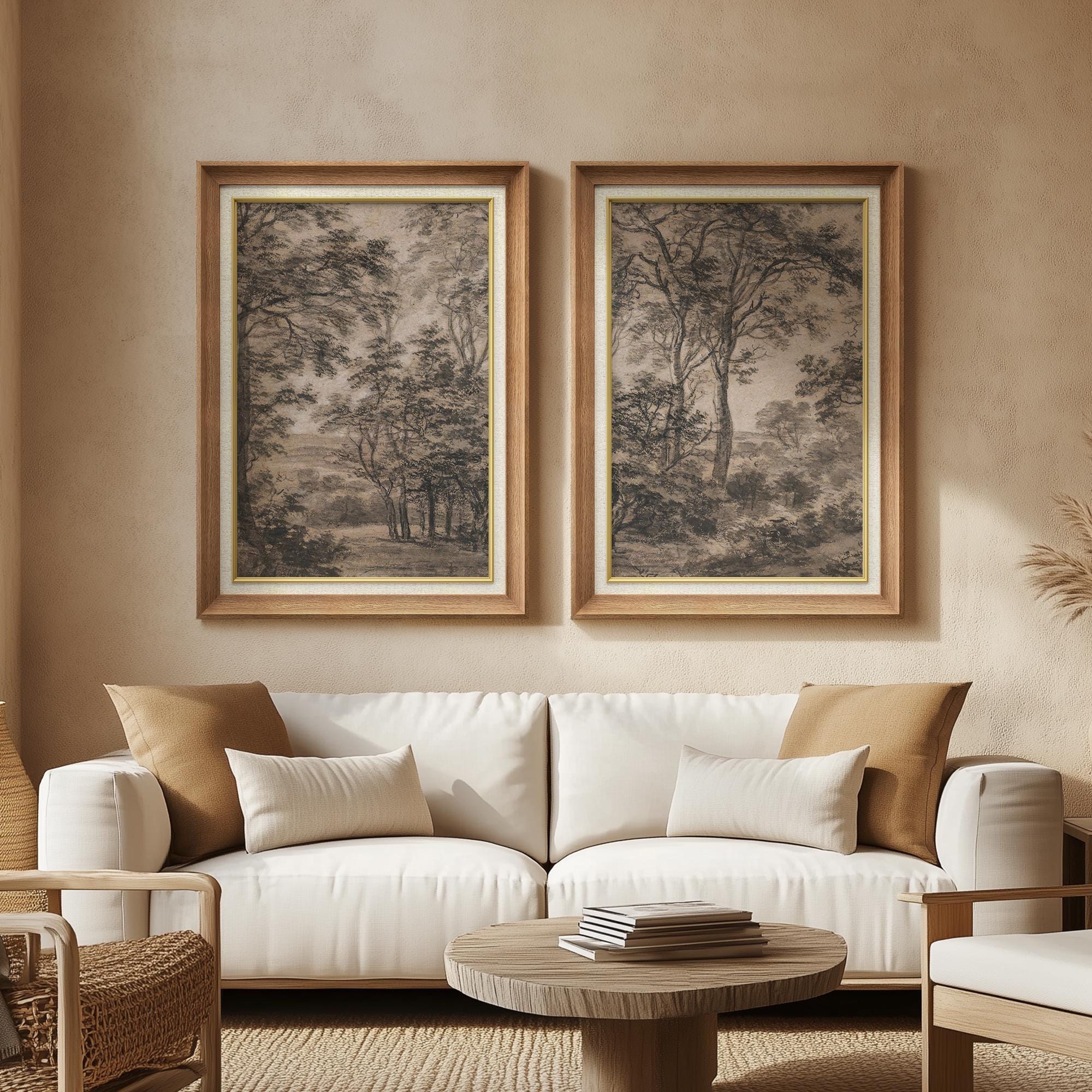 Framed Vintage Forest Landscape Wall Art Set of 2, Sepia Nature Prints ...