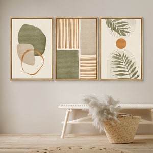DustinWay Framed Canvas Print Wall Art Set of 3 Tropical Leaves Abstract Shapes Illustrations Mid Century Modern Art Boho Decor