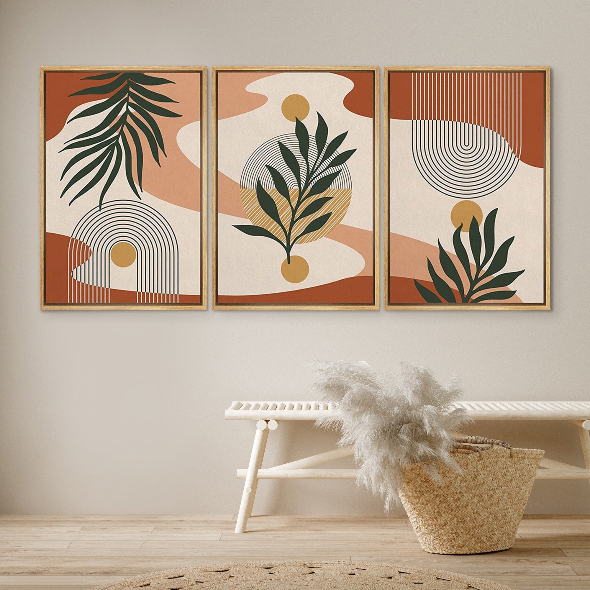 DustinWay Framed Canvas Print Wall Art Set of 3 Tropical Leaf Geometric Collage Abstract Mid Century Modern Wall Art Boho Decor