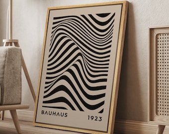 DustinWay Framed Canvas Print Wall Art Bauhaus Black Stripe Abstract Illustration Mid Century Modern Wall Art Minimalist Decor