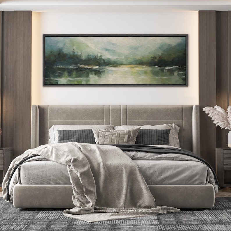Framed Canvas Wall Art Sage Green Watercolor Mountain Forest Landscape ...